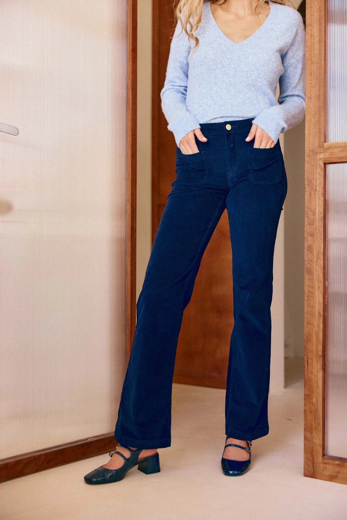 LPE, Sonny Velvet Pants - Flare Pants NAVY