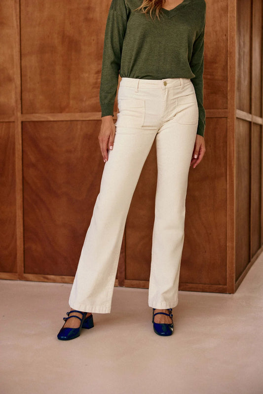 LPE, Sonny Velvet Pants - Flare Pants ECRU