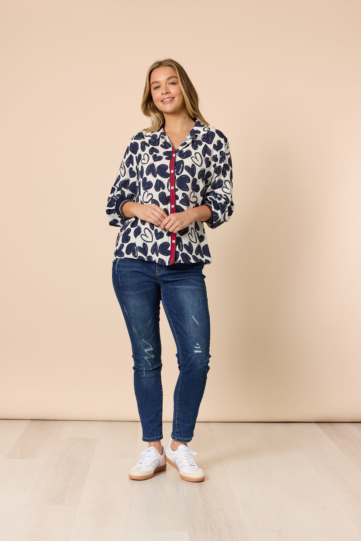 Threadz, Luna Heart Print Shirt - Navy/ Ivory 48561