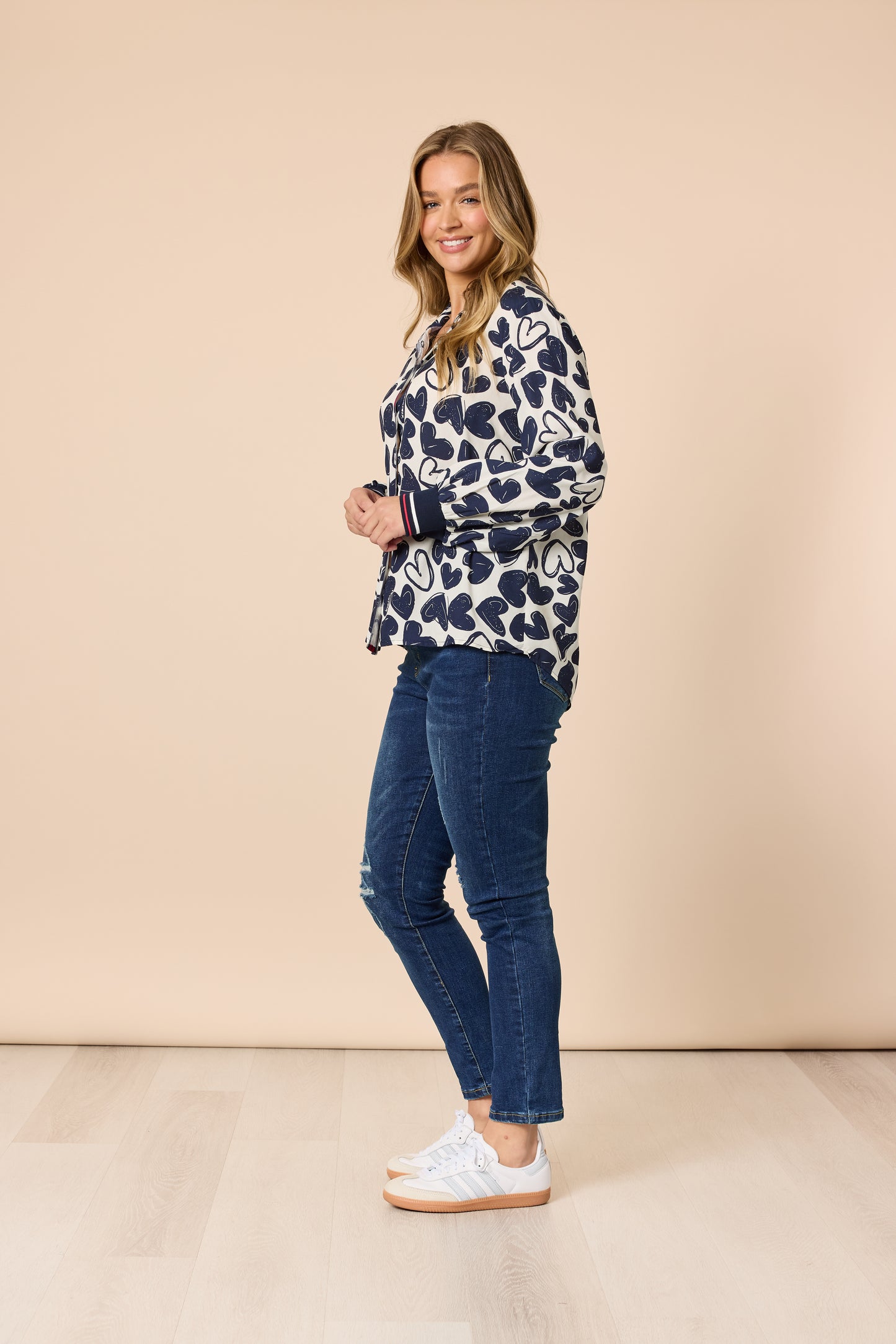 Threadz, Luna Heart Print Shirt - Navy/ Ivory 48561