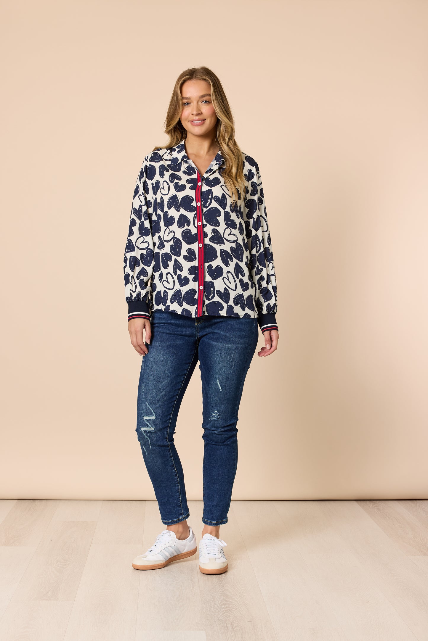 Threadz, Luna Heart Print Shirt - Navy/ Ivory 48561