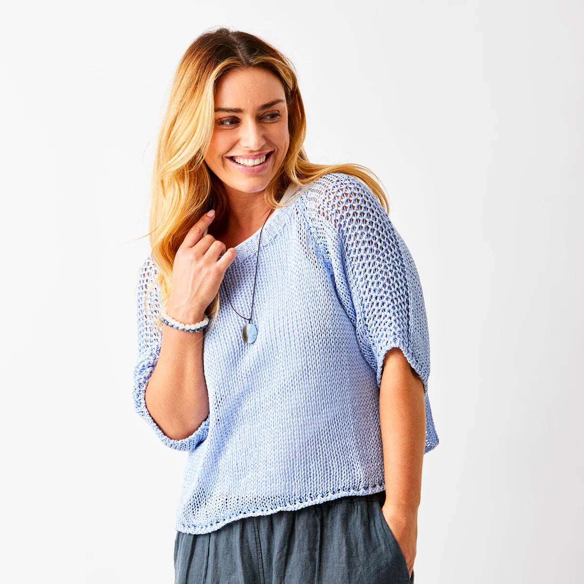 Suzy D, Jacky Cotton Knit Sweater - Baby Blue