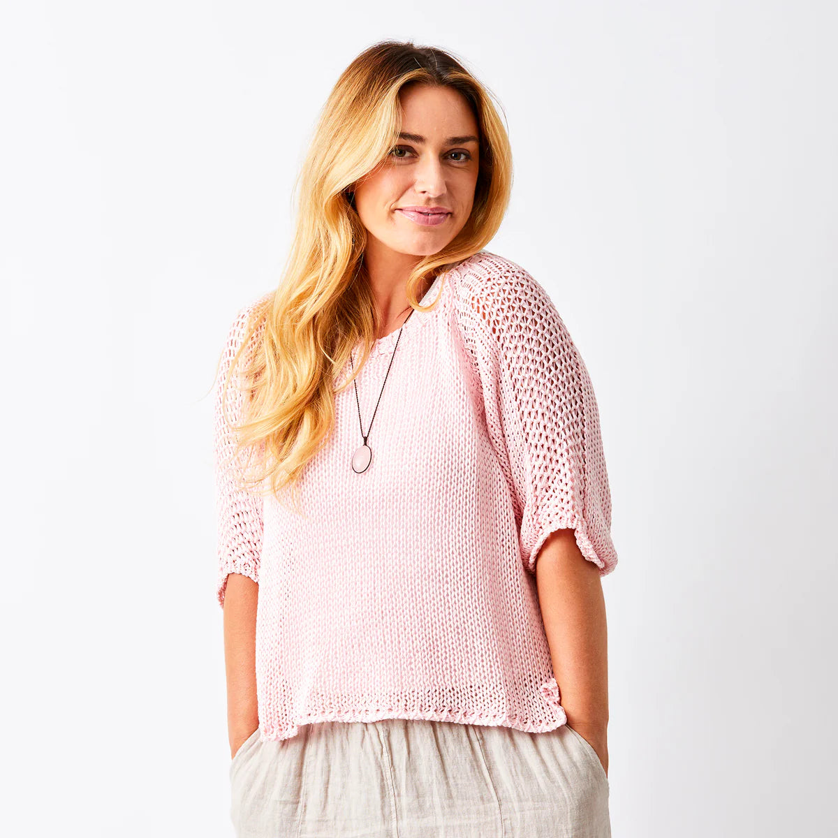 Suzy D, Jacky Cotton Knit Sweater - Baby Pink