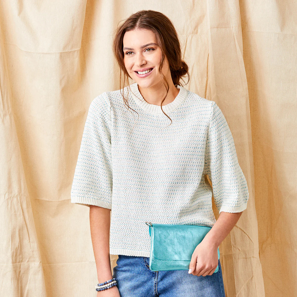 Suzy D, FLORIA CREW NECK KNIT WITH METALLIC THREAD Ivory/Teal
