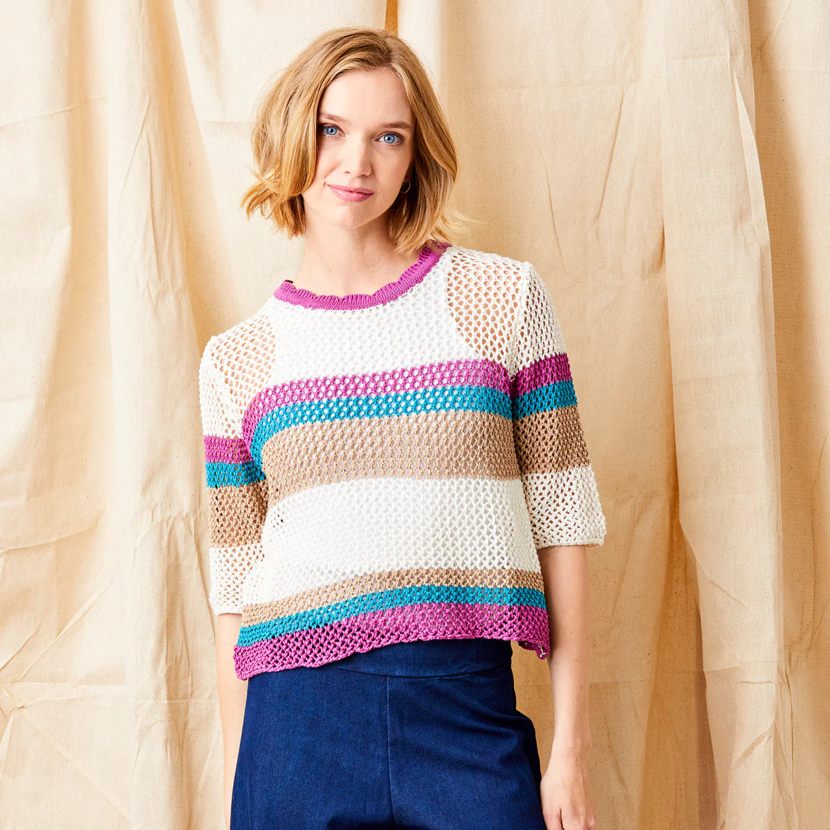 Suzy D, FAYLIN OPEN WEAVE ROUND NECK KNIT WITH STRIPES Beige/Fuschia/Teal