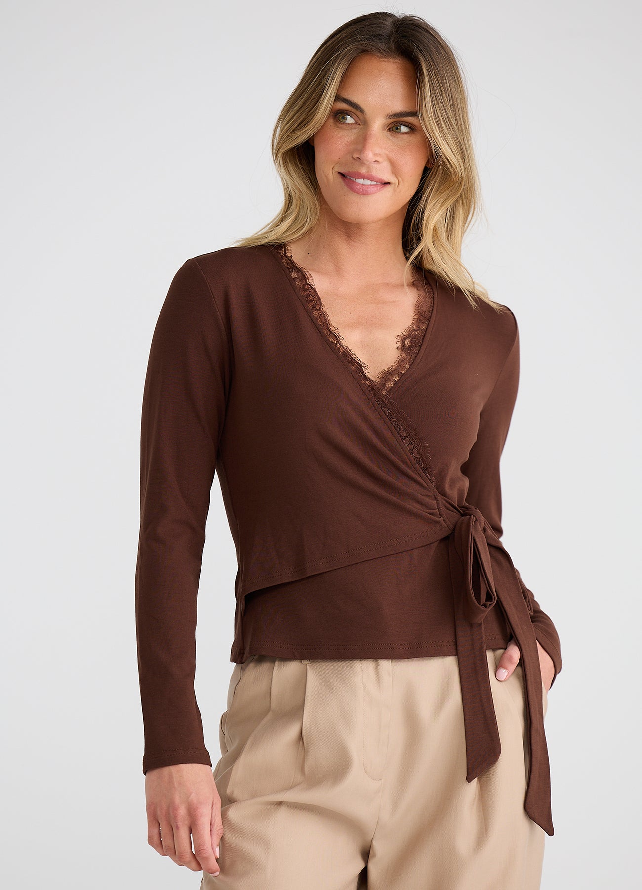 Brave + True, Brigitte wrap top Espresso 26064-1