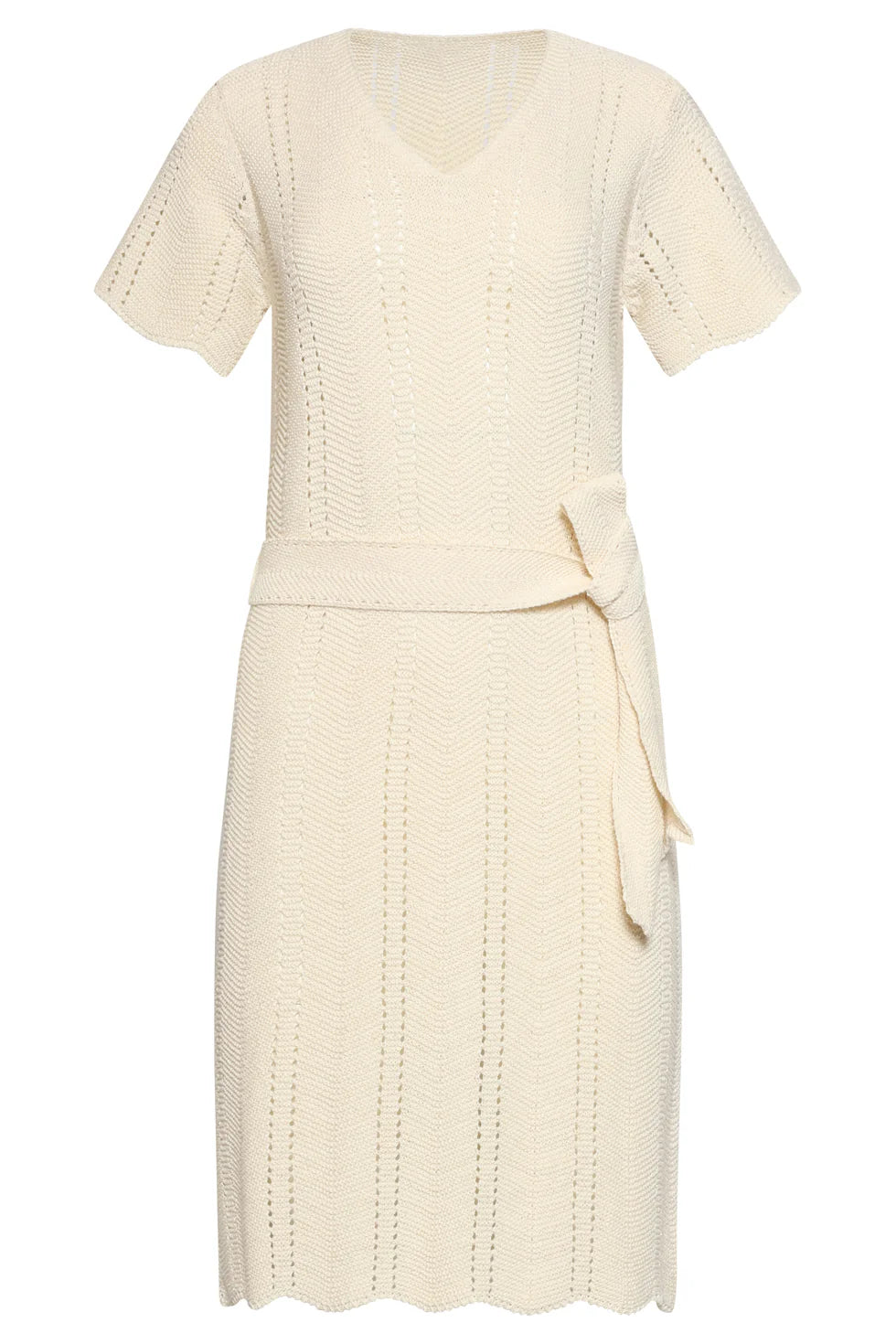 Smashed Lemon, KNITTED DRESS WITH V-NECK AND TIE BELT | OFF WHITE 26209