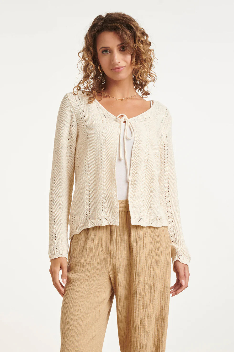 Smashed Lemon, KNITTED CARDIGAN WITH OPENWORK PATTERN AND BOW | OFF WHITE 26208