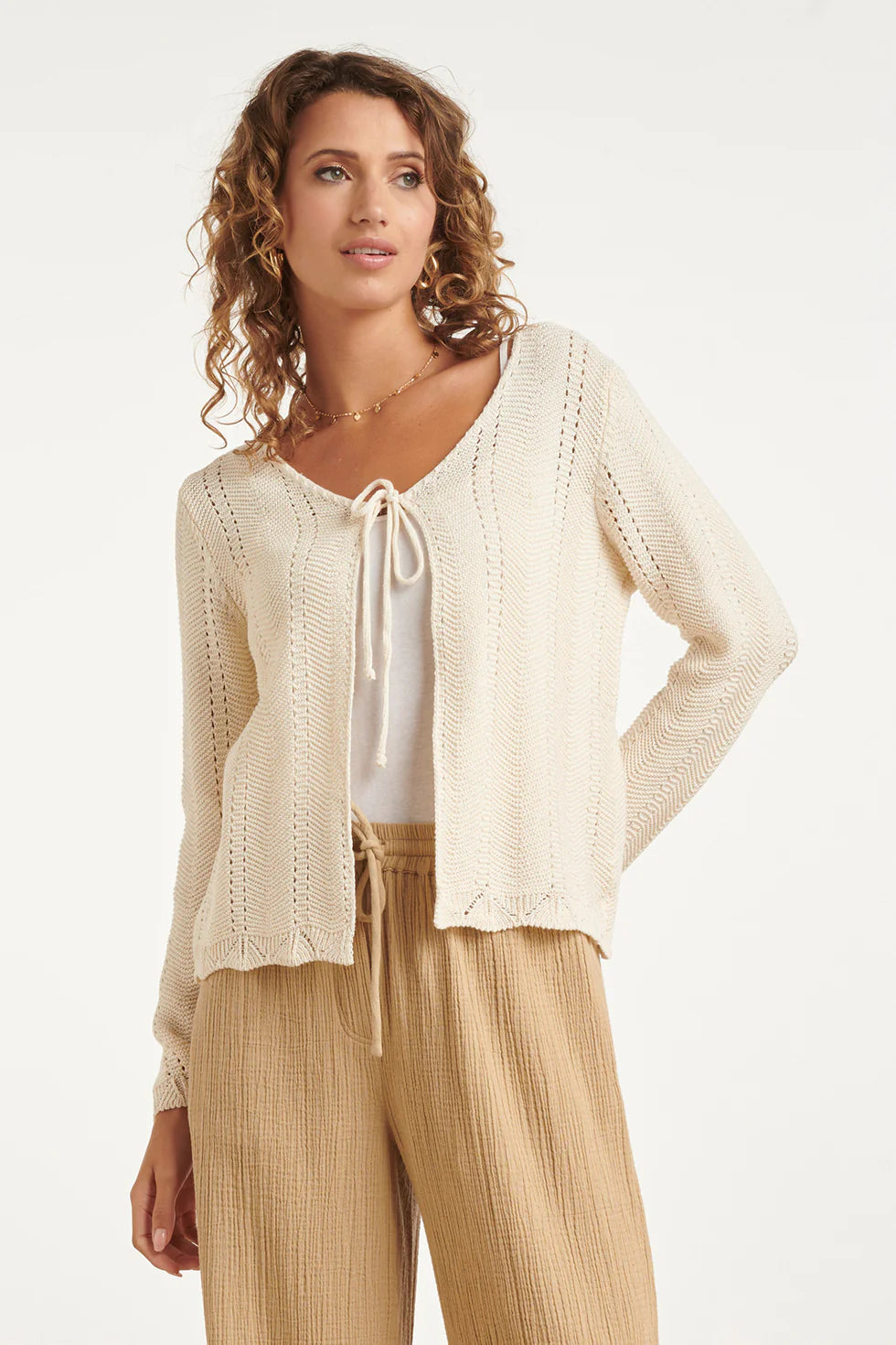 Smashed Lemon, KNITTED CARDIGAN WITH OPENWORK PATTERN AND BOW | OFF WHITE 26208