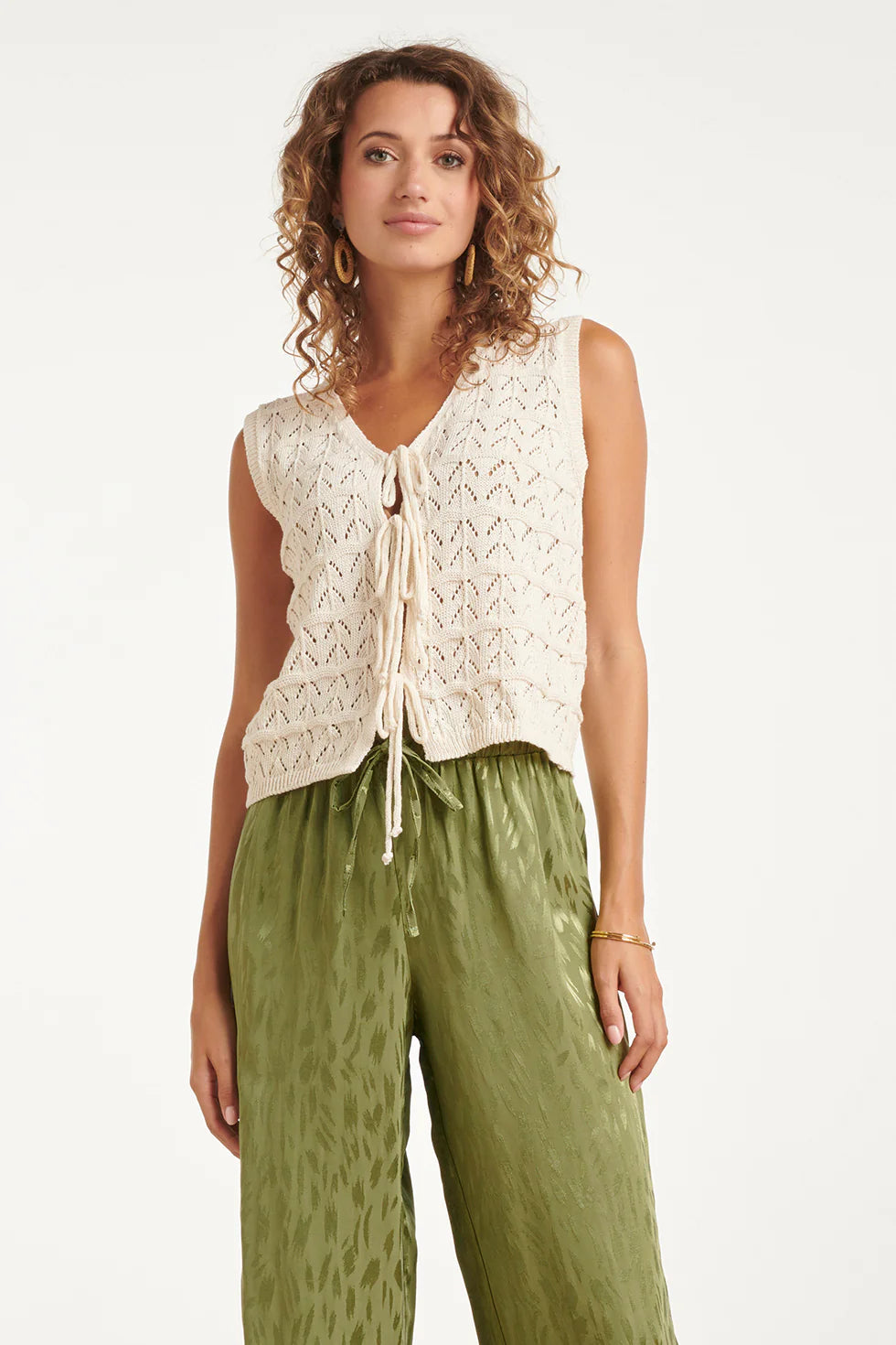 Smashed Lemon, KNITTED TOP WITH TRENDY LACE-UP CLOSURE | OFF WHITE 26207