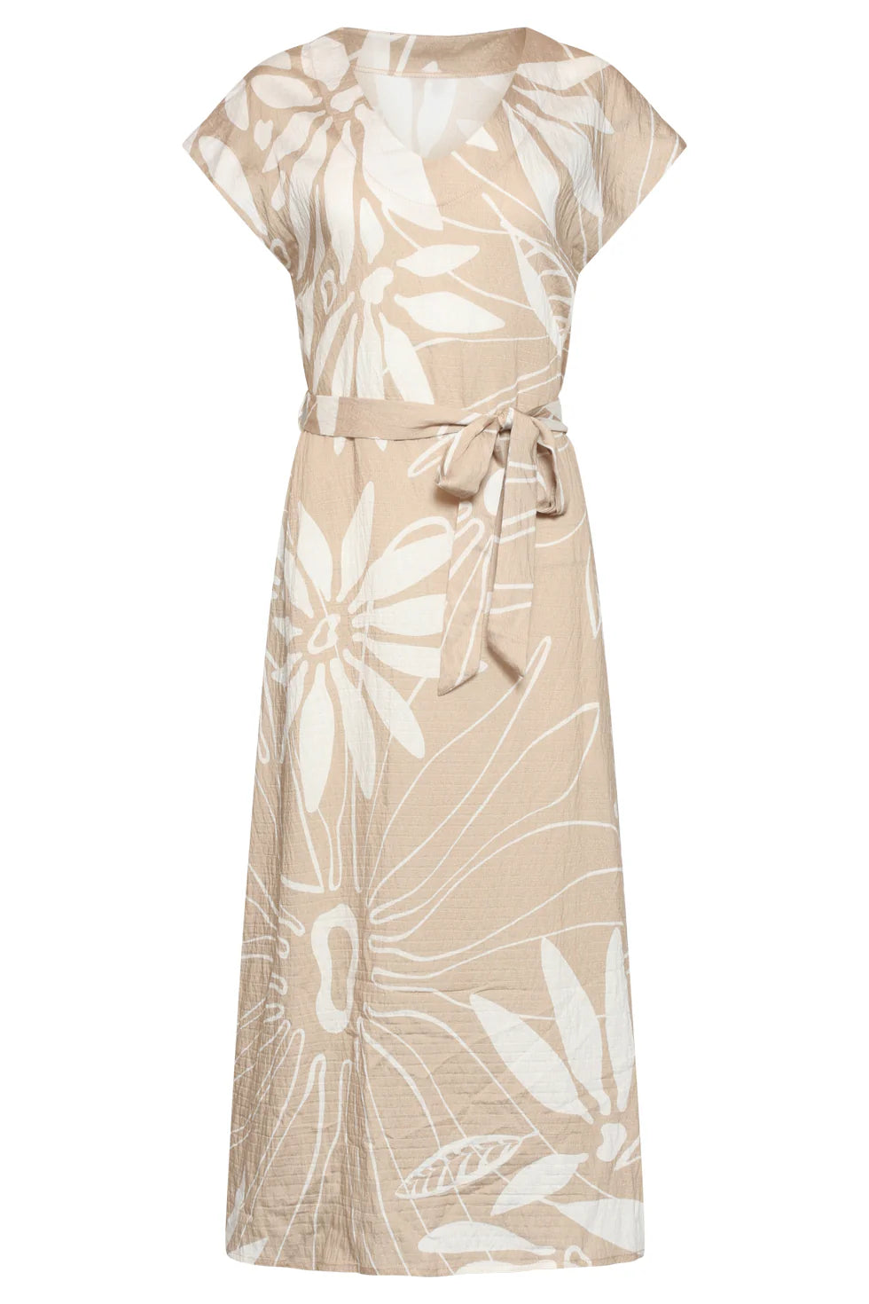 Smashed Lemon, MIDI DRESS WITH FLORAL PRINT AND SHORT SLEEVES - BEIGE/WHITE | DARK SAND - OFF WHITE 26010