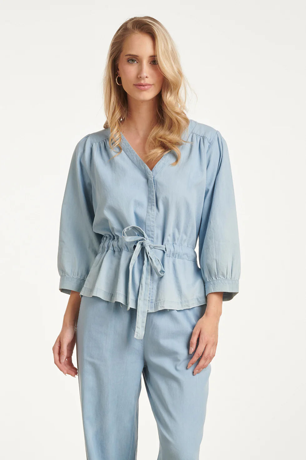 Smashed Lemon, LIGHT BLUE WRAP TOP WITH DRAWSTRING | DENIM 26182