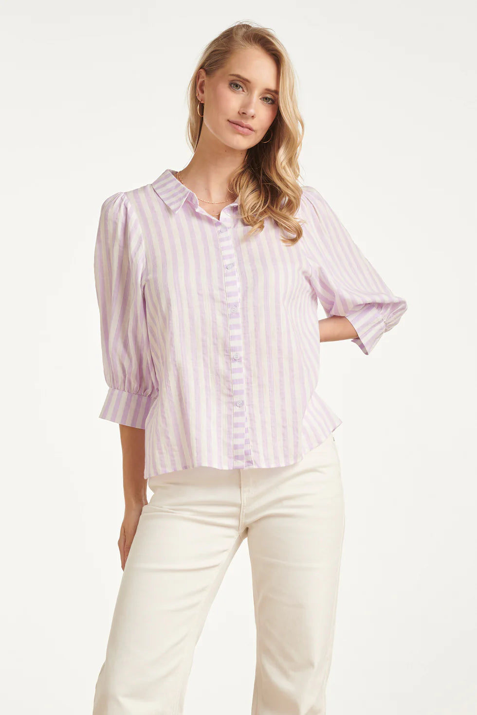 Smashed Lemon, STRIPED WOMEN'S BLOUSE WITH PUFF SLEEVES | LILAC - WHITE 26036