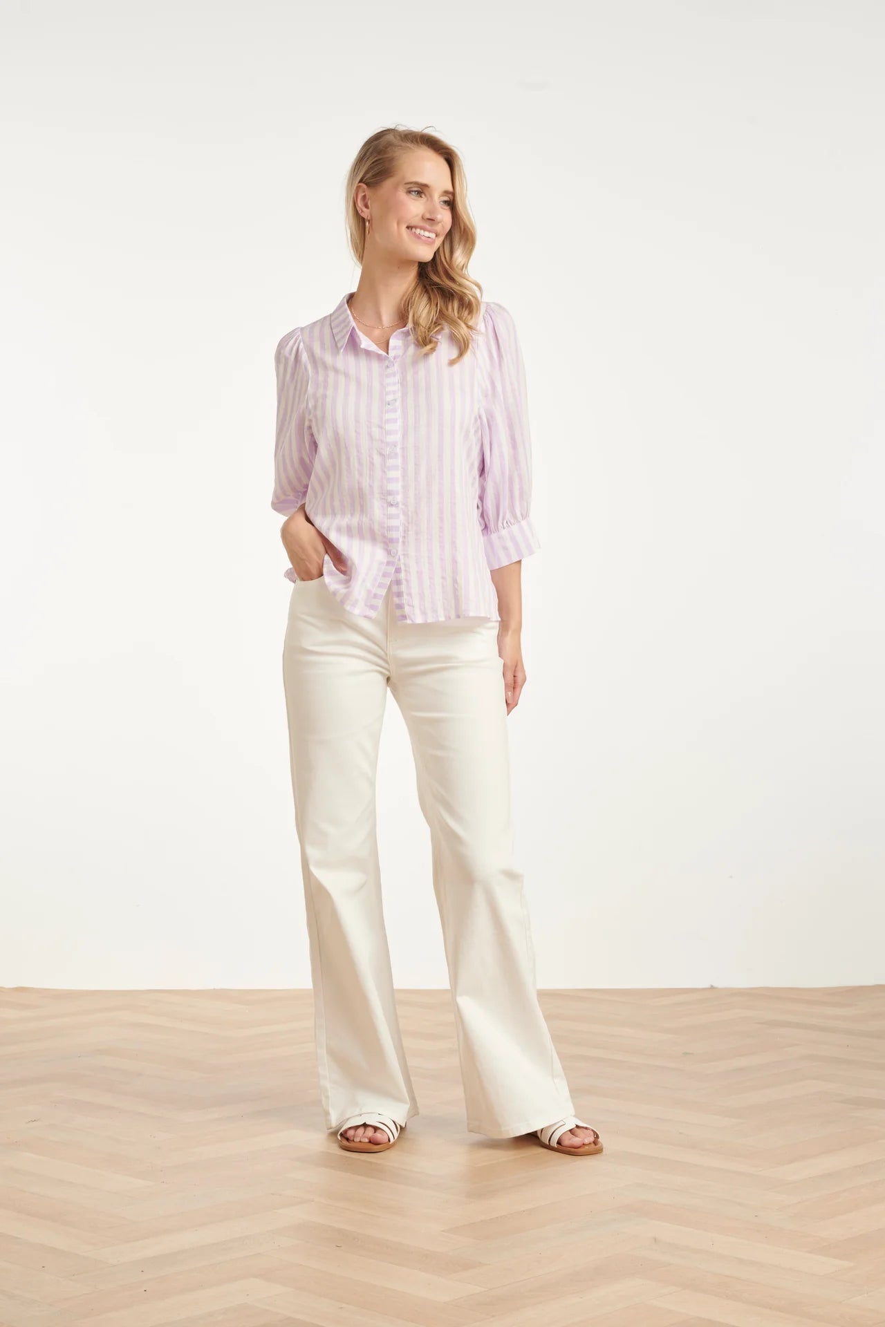 Smashed Lemon, STRIPED WOMEN'S BLOUSE WITH PUFF SLEEVES | LILAC - WHITE 26036