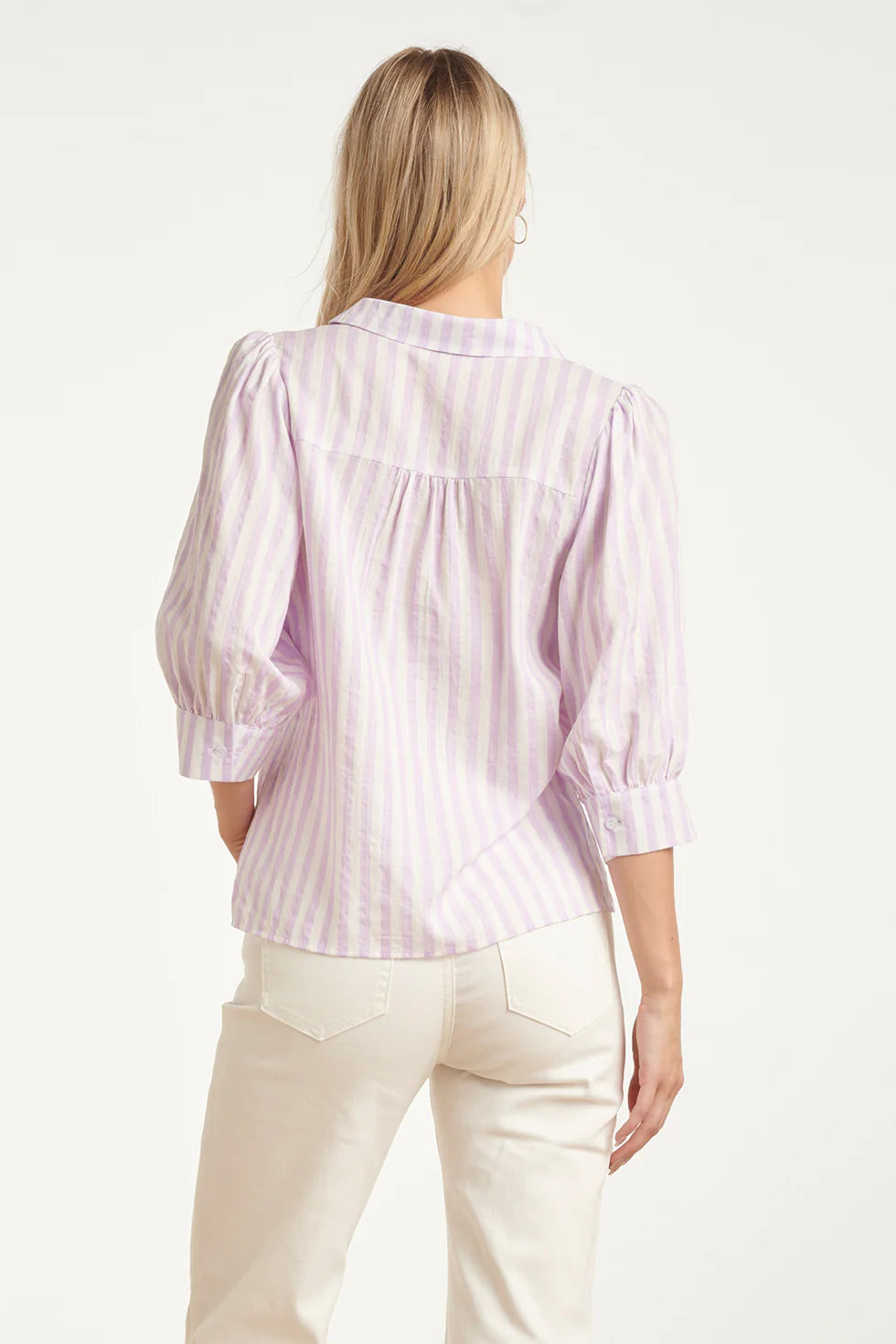 Smashed Lemon, STRIPED WOMEN'S BLOUSE WITH PUFF SLEEVES | LILAC - WHITE 26036