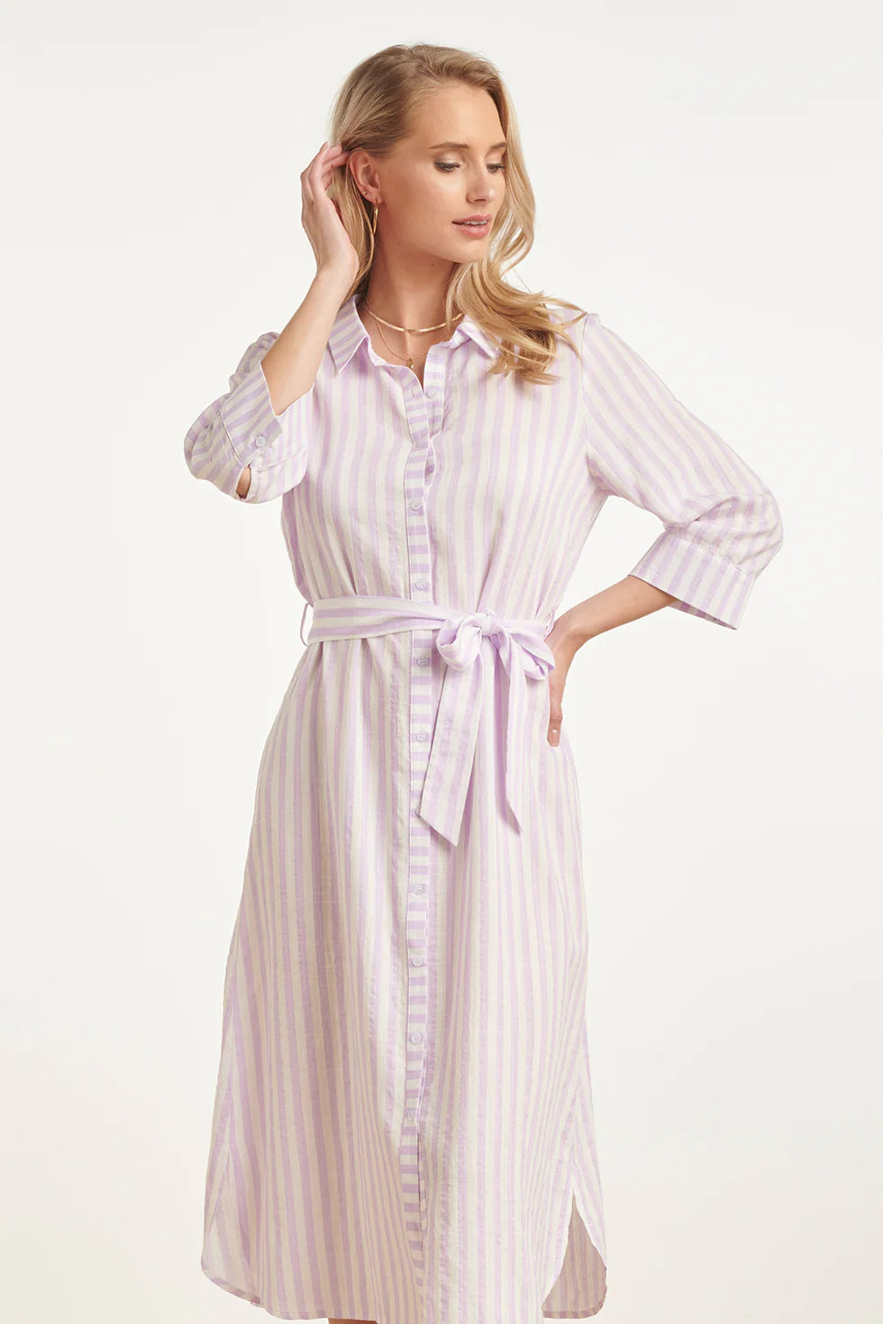 Smashed Lemon, STRIPED MAXI DRESS WITH WAIST BELT | LILAC - WHITE 26035