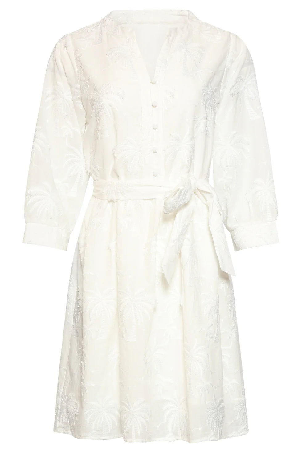Smashed Lemon, SHORT DRESS WITH EMBROIDERED PALM MOTIF AND BELT | WHITE 26057