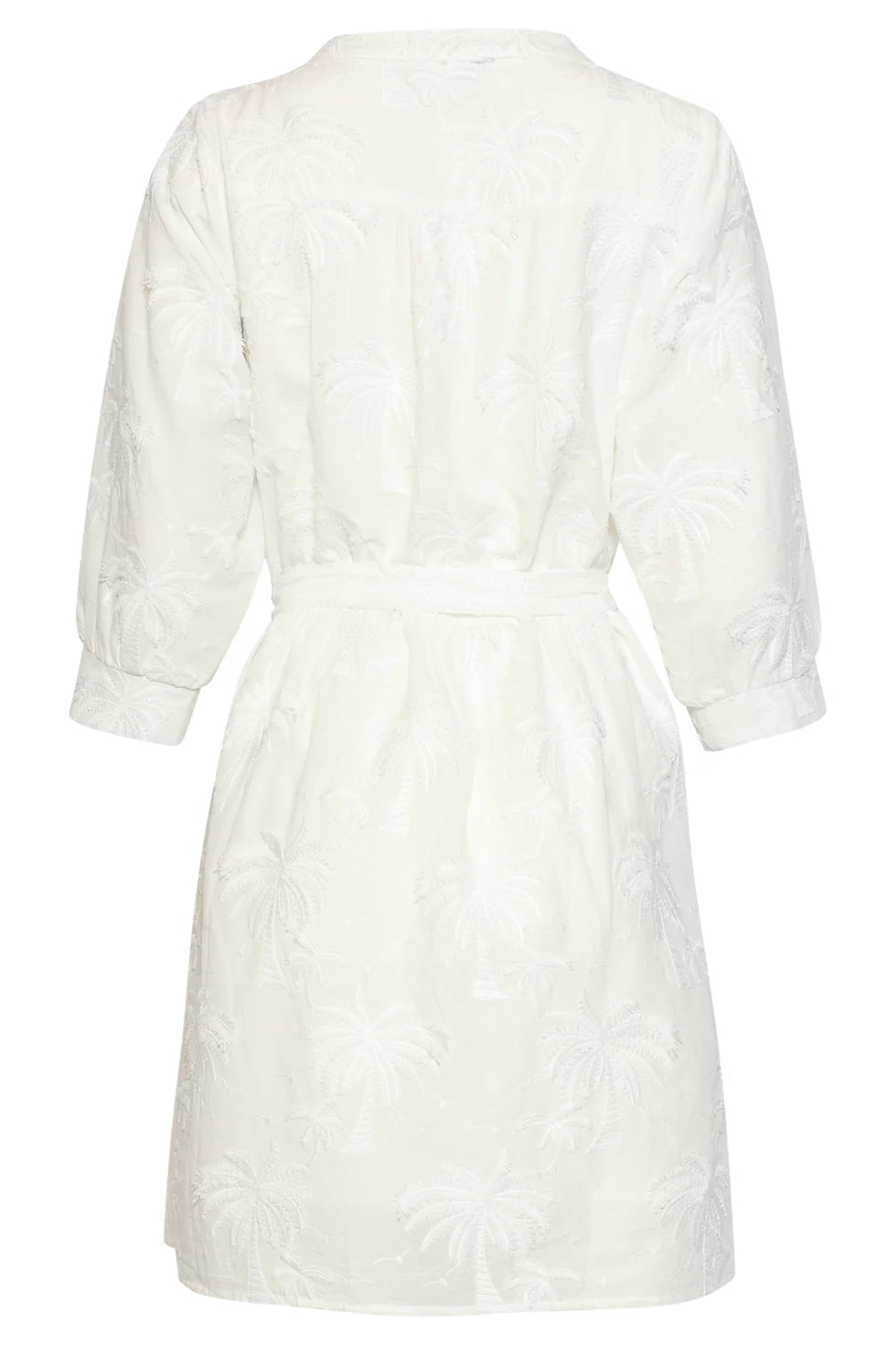 Smashed Lemon, SHORT DRESS WITH EMBROIDERED PALM MOTIF AND BELT | WHITE 26057