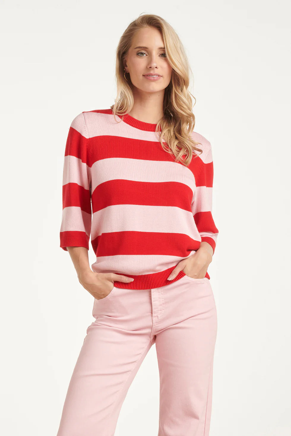 Smashed Lemon, STRIPED KNIT SWEATER – RED & PINK COLOURBLOCK | RED - PINK 26149