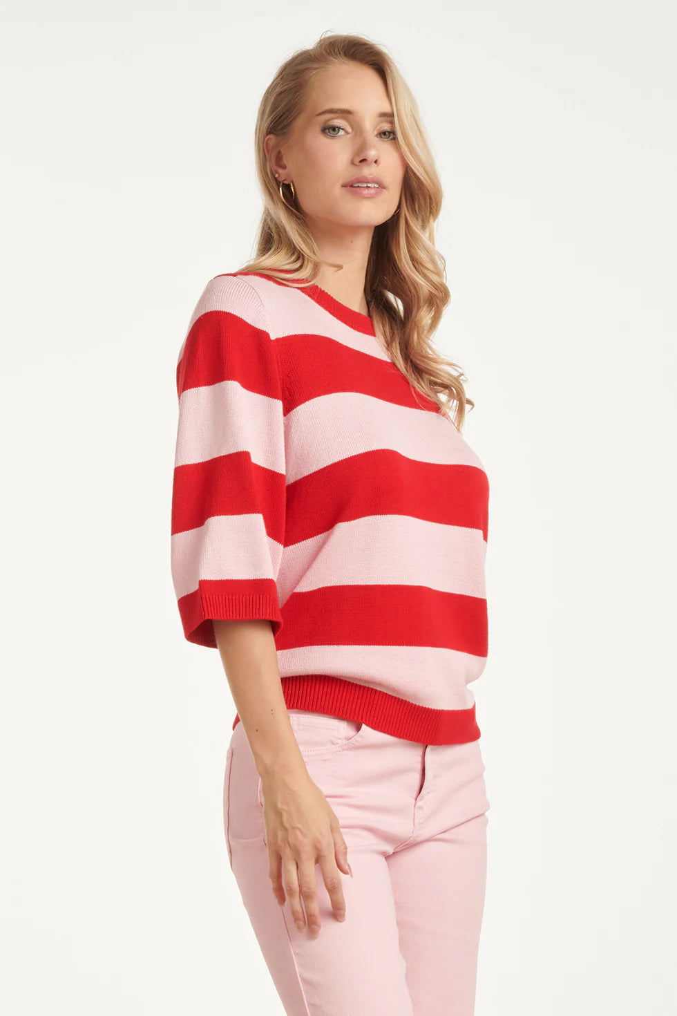 Smashed Lemon, STRIPED KNIT SWEATER – RED & PINK COLOURBLOCK | RED - PINK 26149
