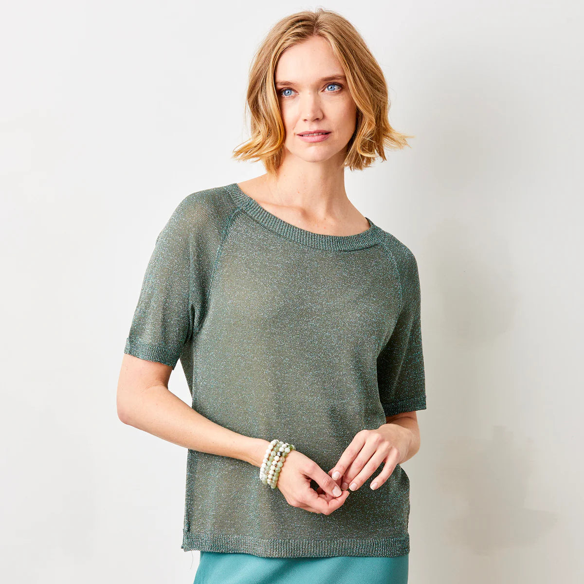Suzy D, LUMEN SPARKLE KNIT TEE teal mix