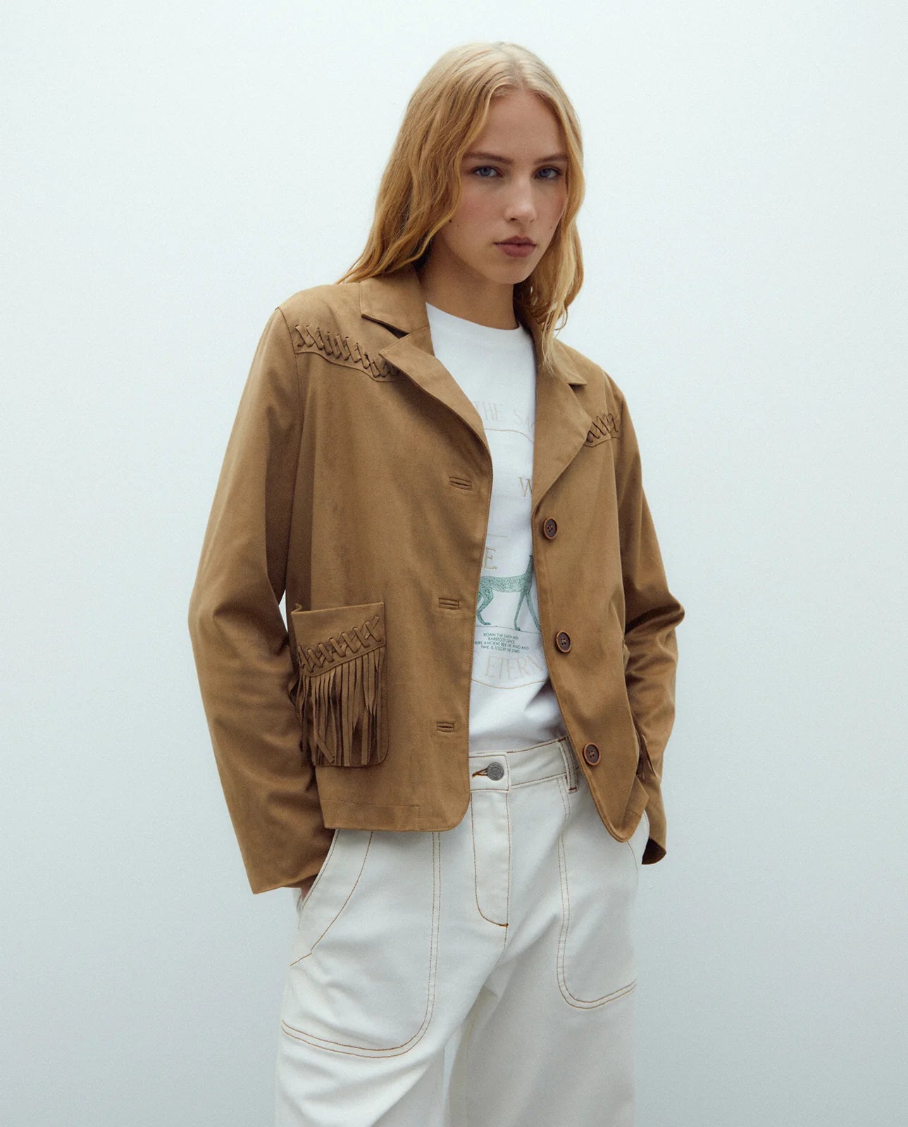 Andam, suede-effect jacket with fringe detailing. 265090