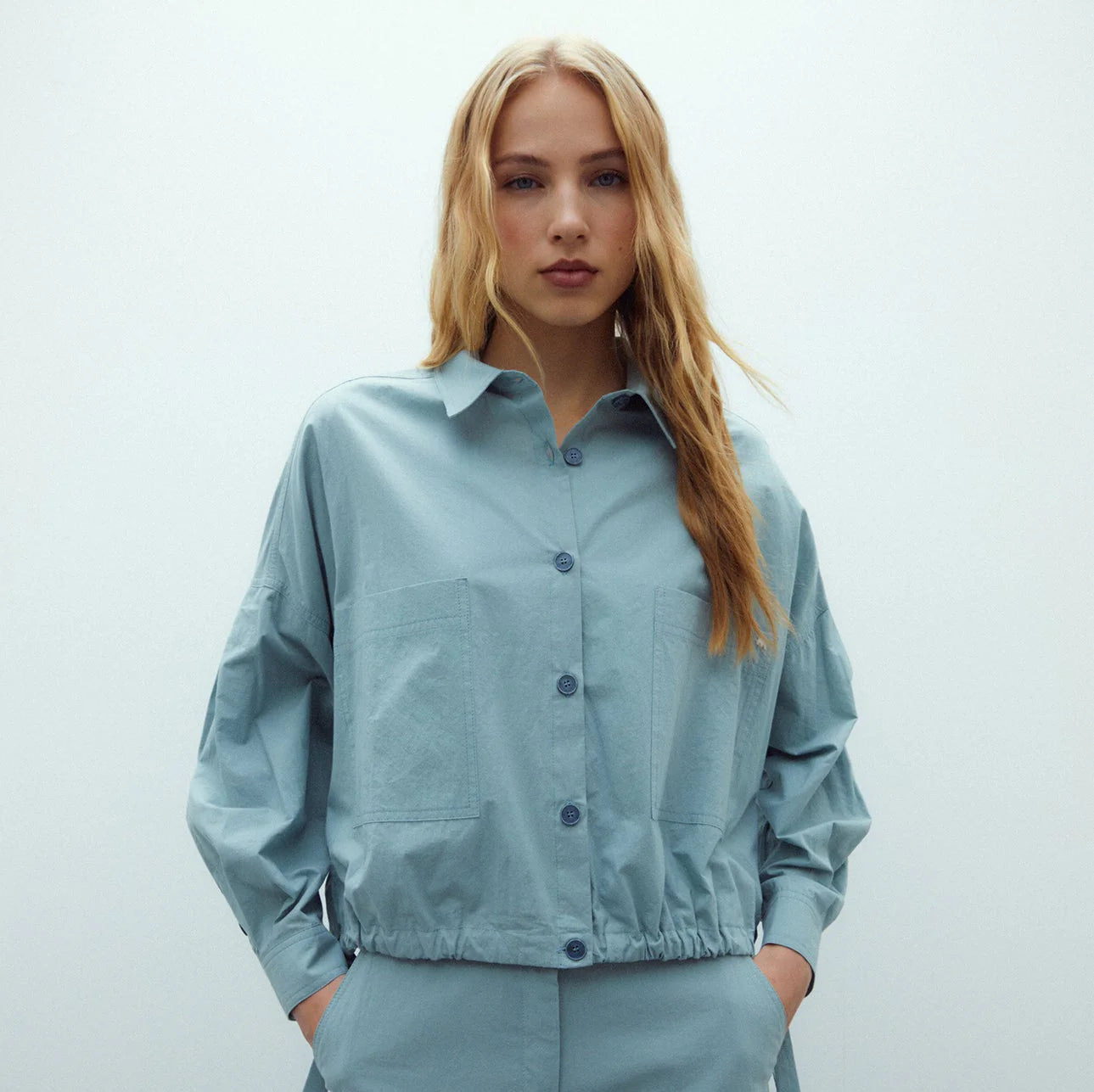 Andam, cropped poplin jacket in water-green 265433