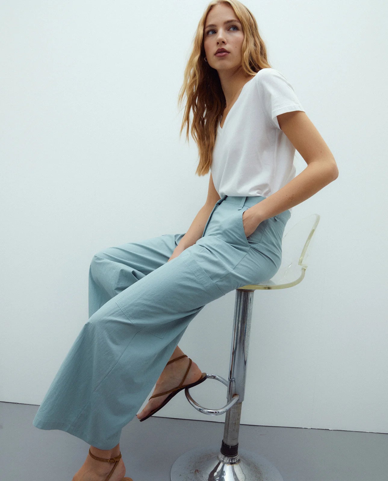 Andam, culotte poplin trousers in water-green 264430