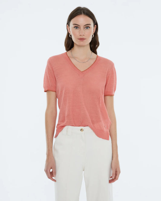 Andam, Women's sweater, V-neck, short sleeves CORAL