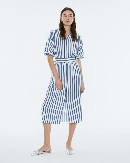 Andam, Striped print midi dress, shirt collar, batwing sleeve BLUE