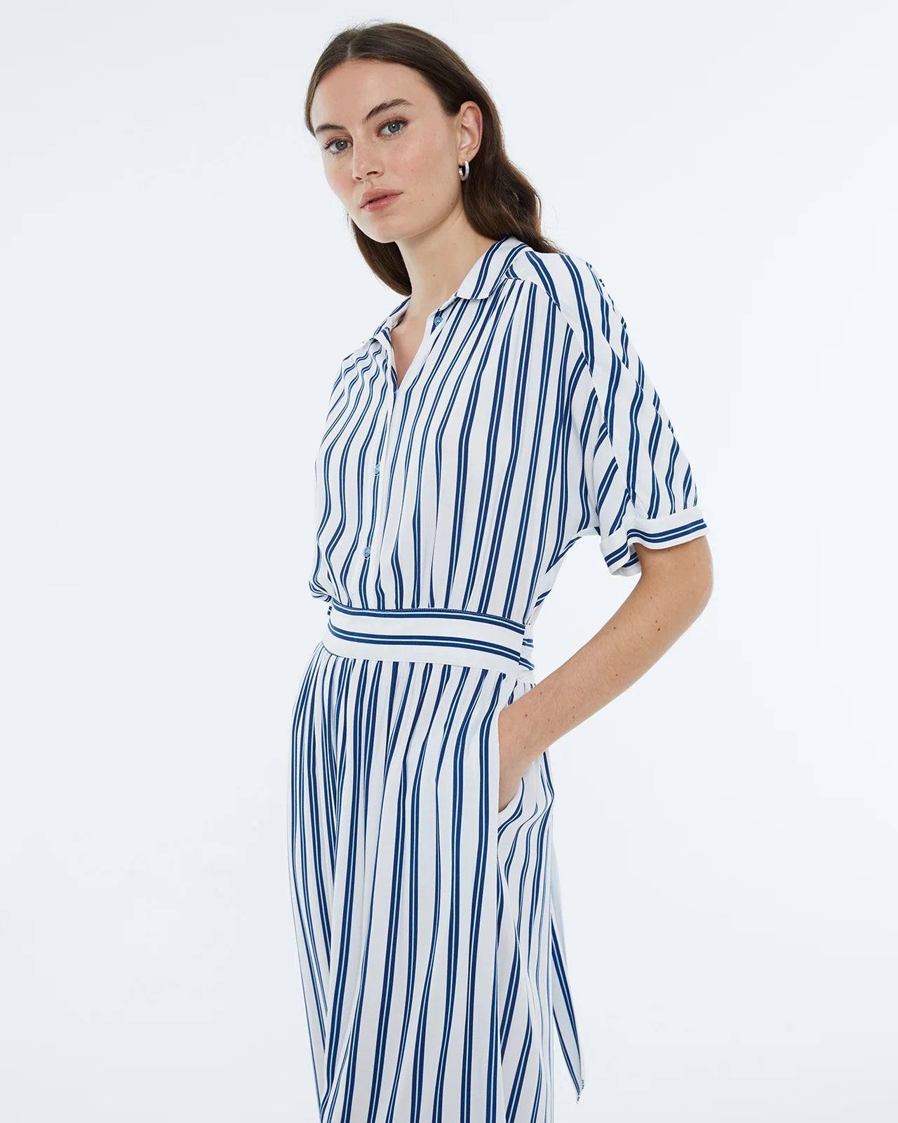 Andam, Striped print midi dress, shirt collar, batwing sleeve BLUE