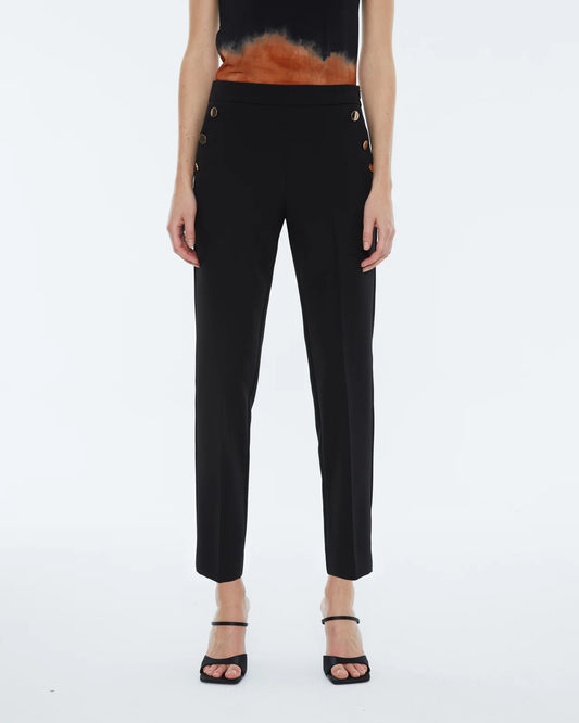 Andam, high-waisted ankle length pants with gold buttons. BLACK