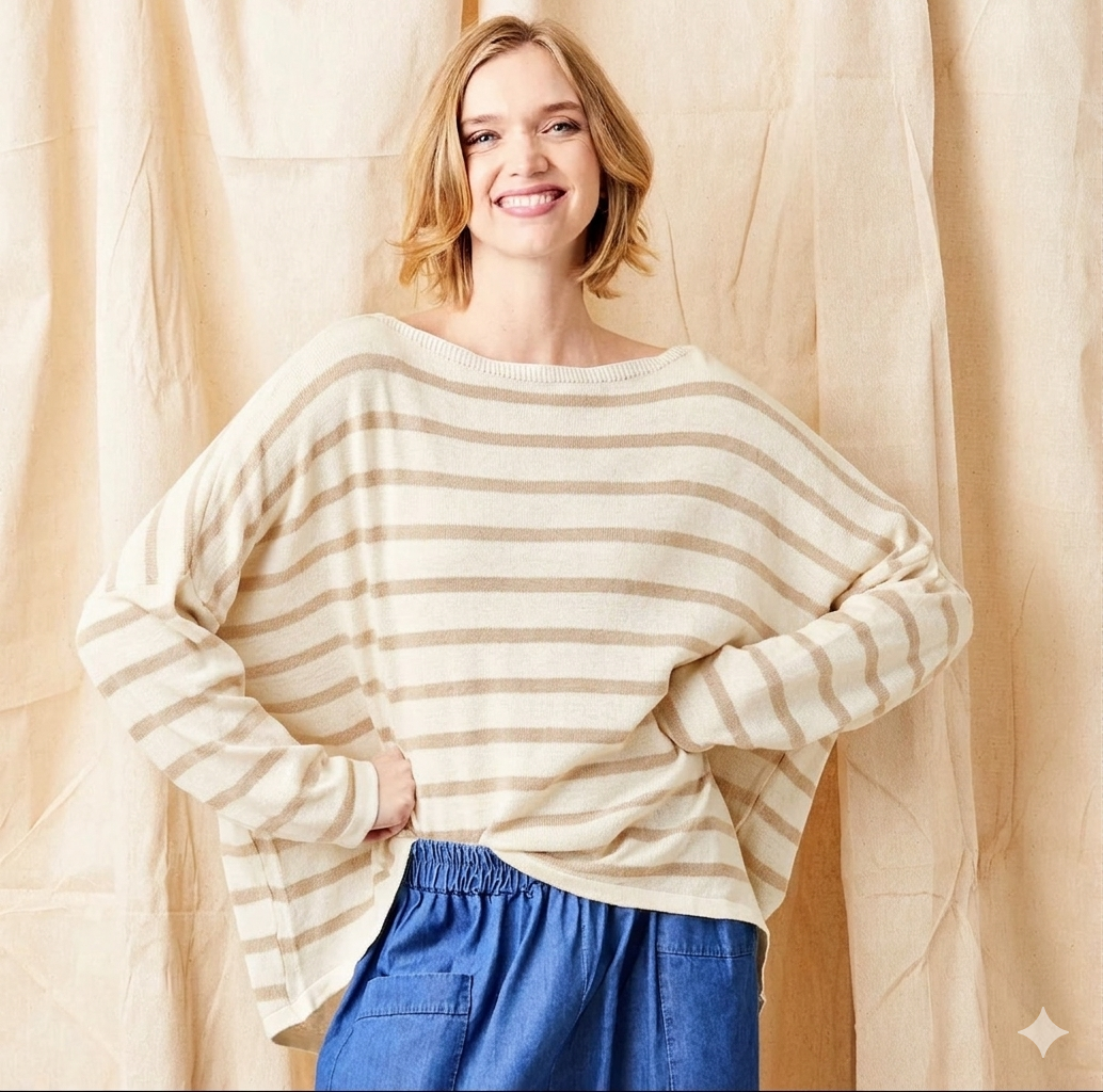 Suzy D, FAYOLA OVERSIZE STRIPE HI LO HEM KNIT Ivory/Beige